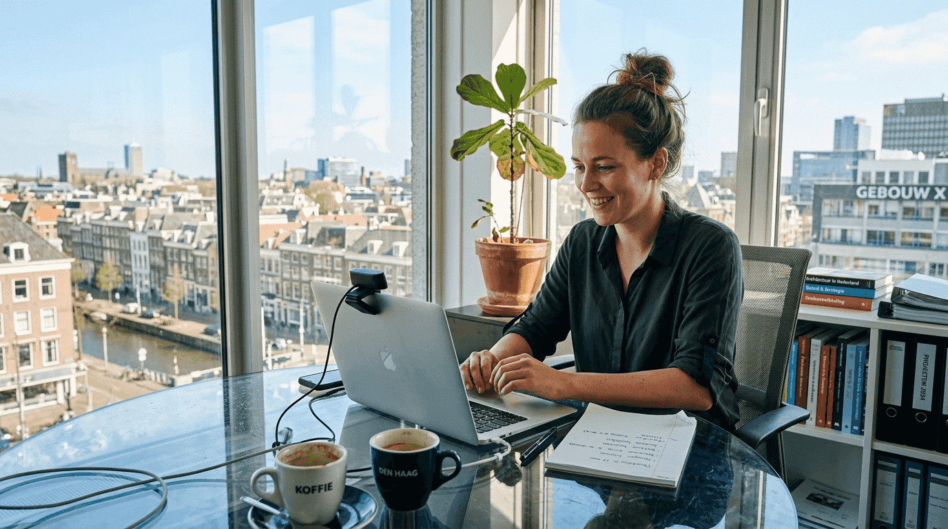 Kandidaat neemt deel aan een AI-gestuurd video-interview op een modern kantoor