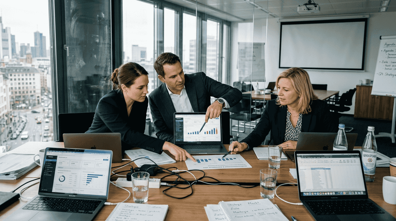 Ein Team tauscht sich am Konferenztisch über aktuelle Daten aus.