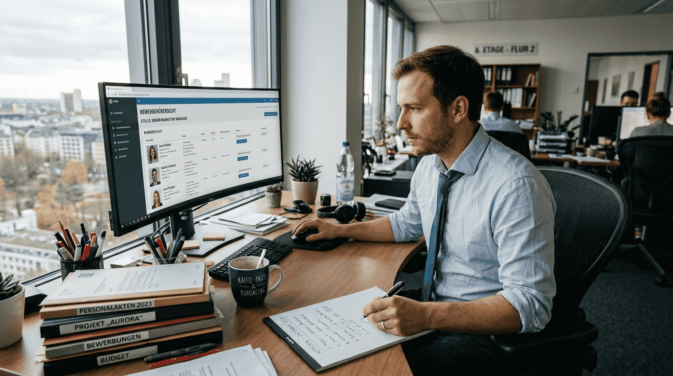 Ein Mann sitzt am Schreibtisch und schaut sich Bewerbungsunterlagen an.
