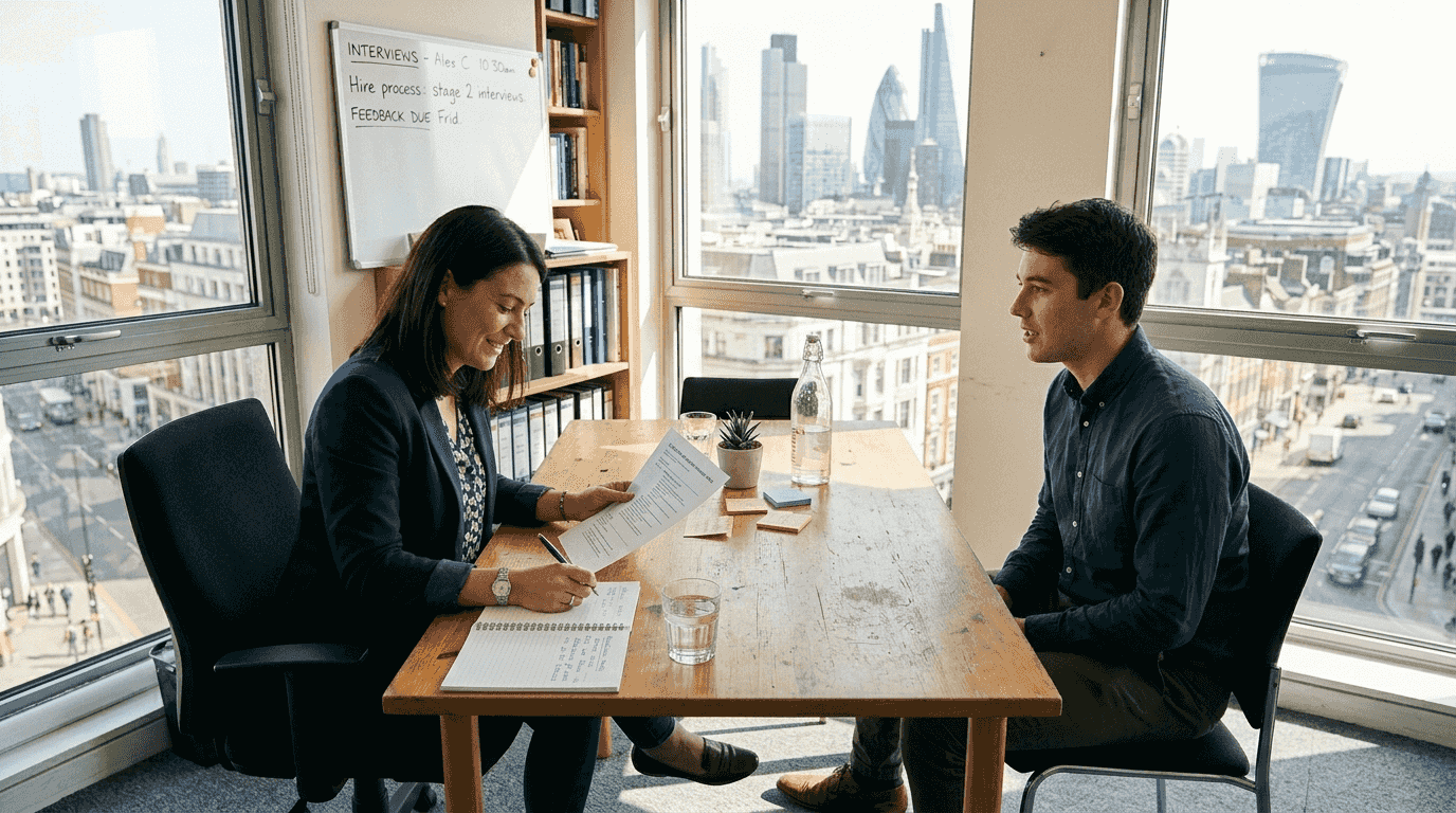 Recruiter interviews candidate in bright office