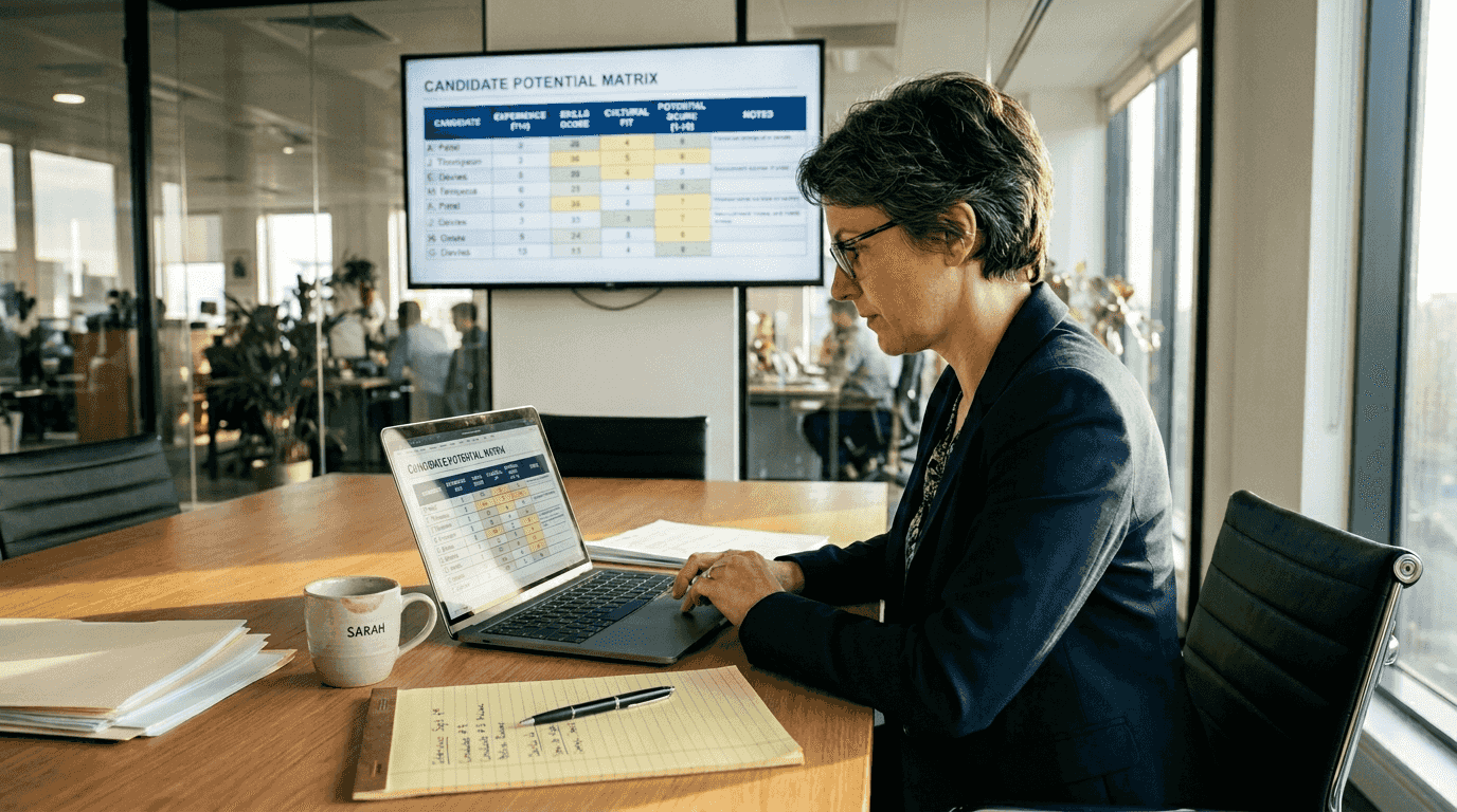HR manager reviews potential assessment matrix