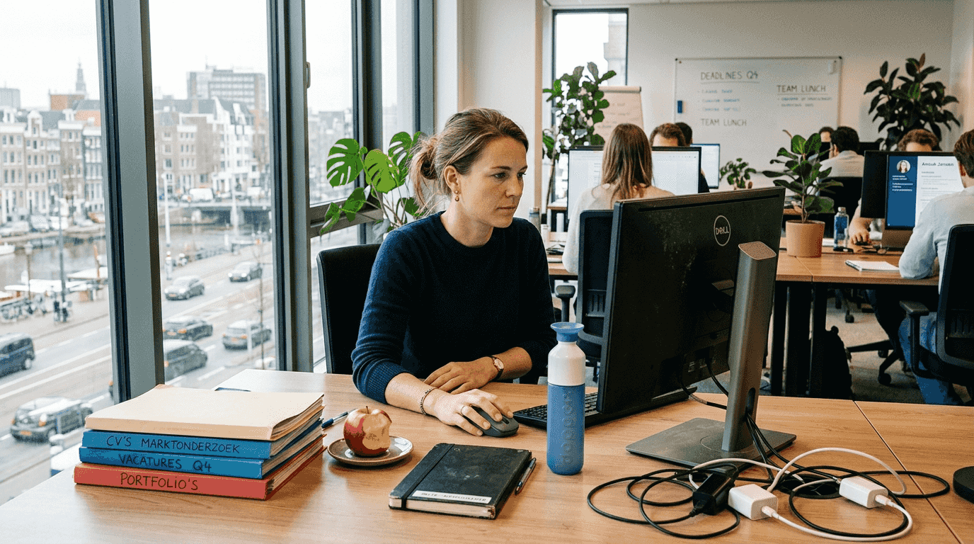 Een recruiter bladert door stapels cv’s aan een rommelig bureau.