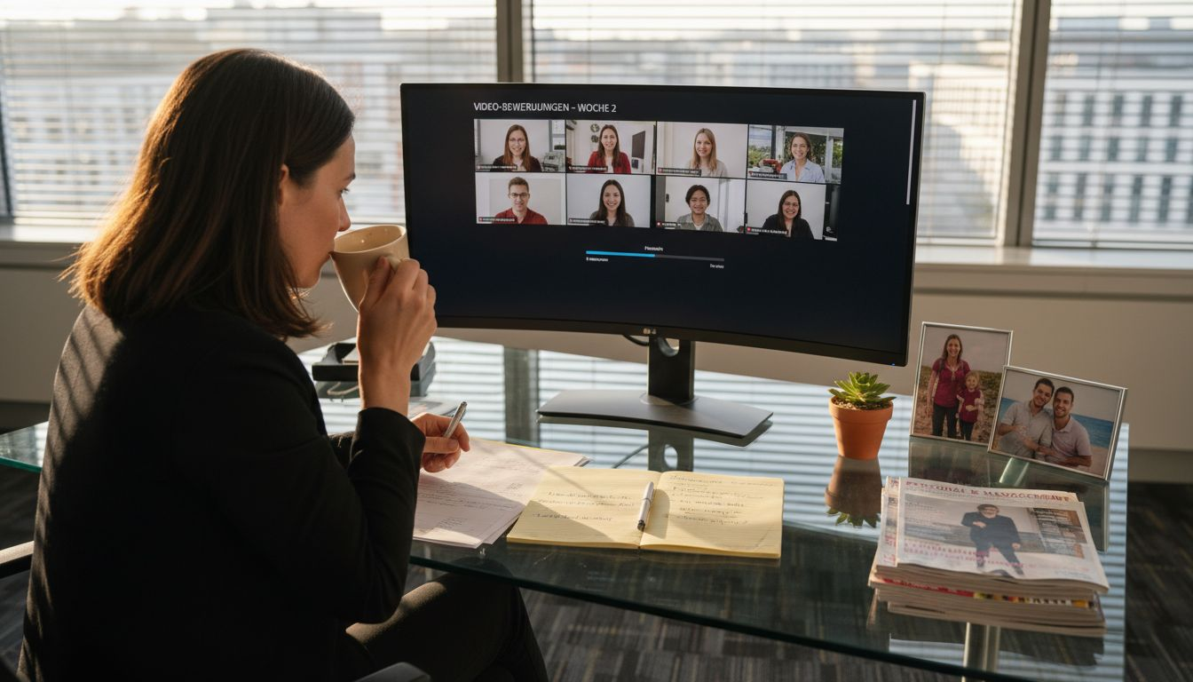 Eine HR-Managerin sitzt am Schreibtisch und schaut sich KI-gestützte Vorstellungsgespräche am Bildschirm an.