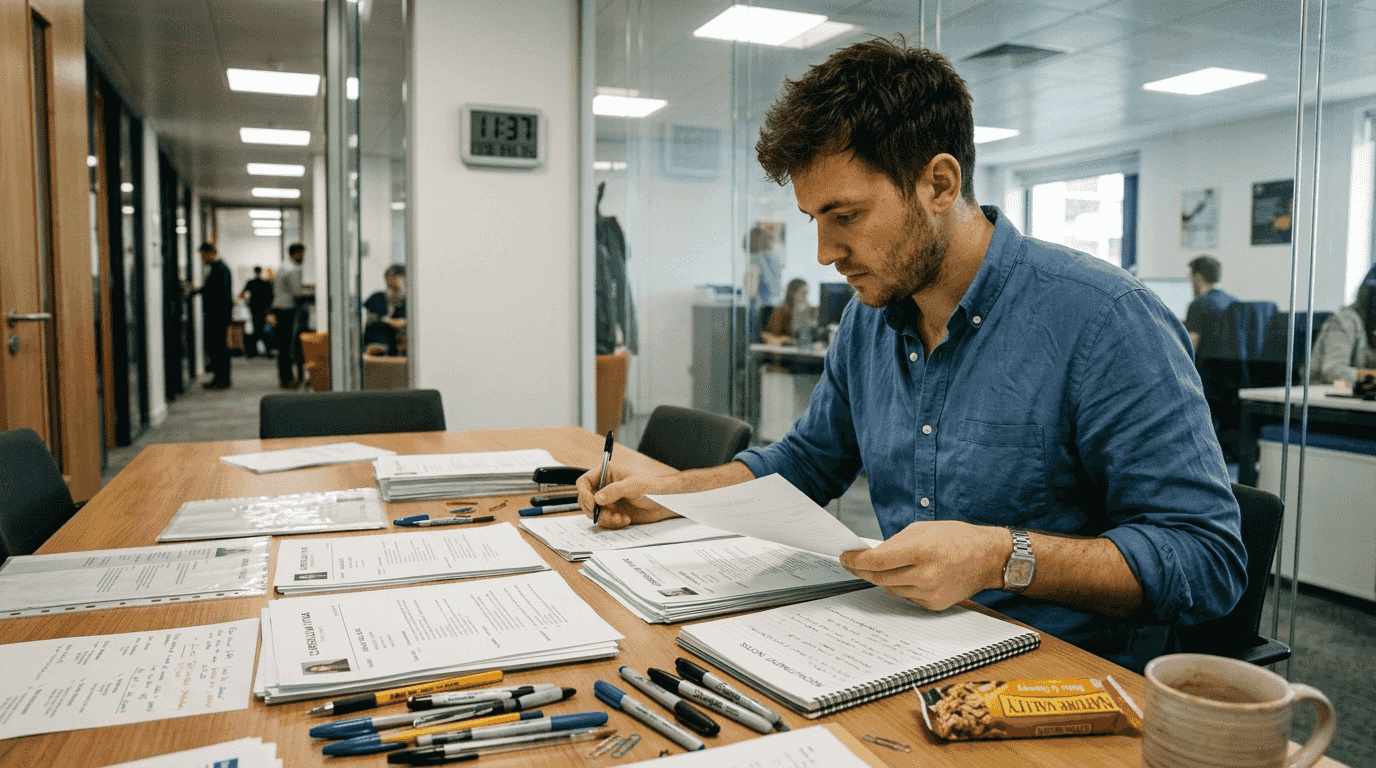 Recruiter manually sorting through printed resumes