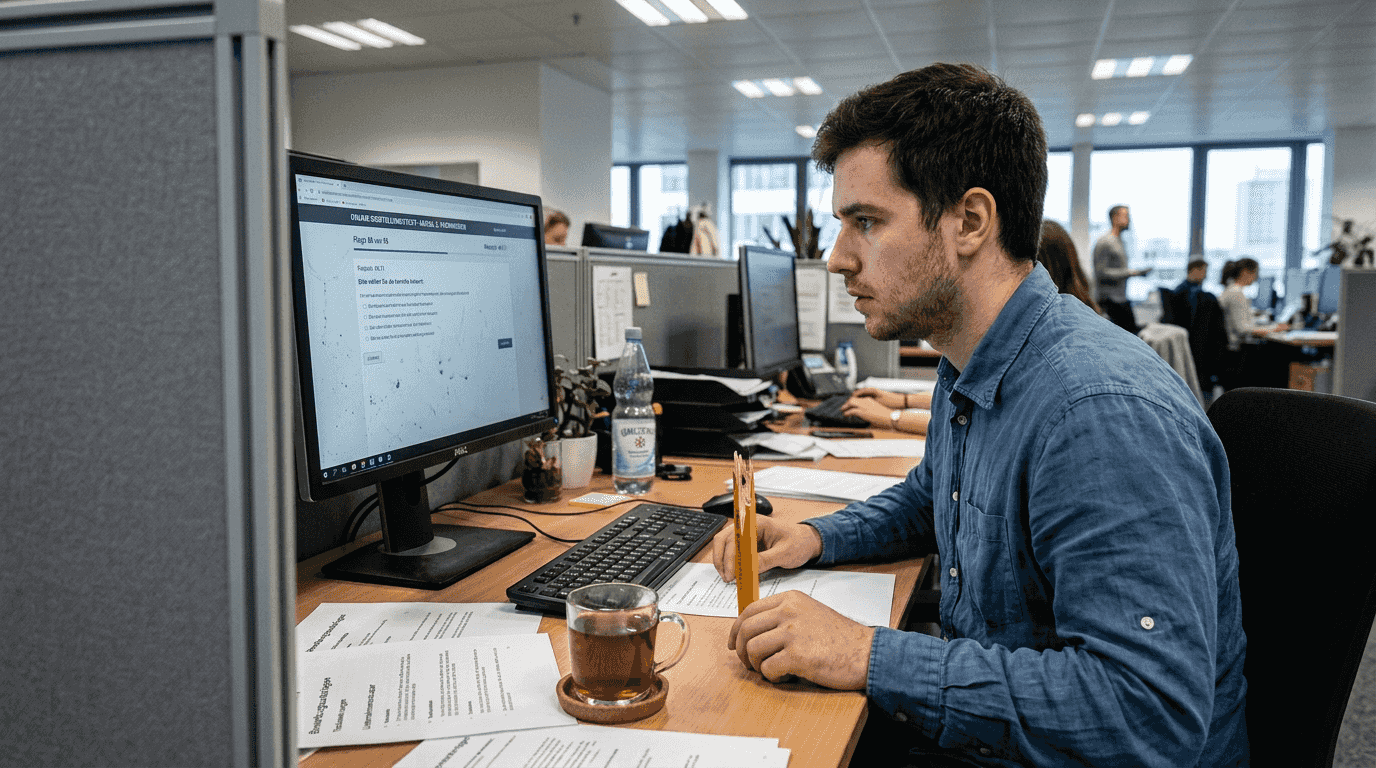 Der Bewerber absolviert am Schreibtisch im Büro einen Eignungstest.