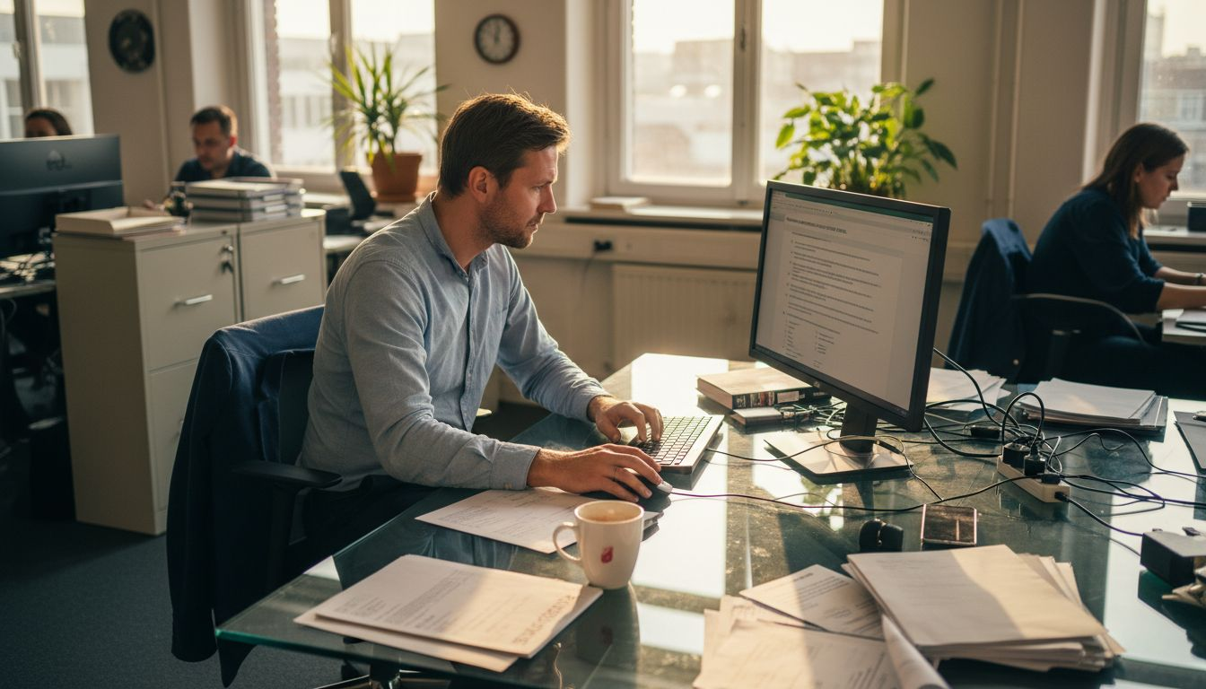 Een recruiter maakt online een assessment aan een licht bureau.