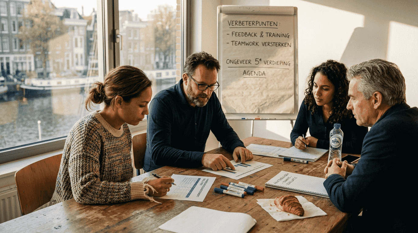 Het team bespreekt samen de resultaten van de vaardighedentest