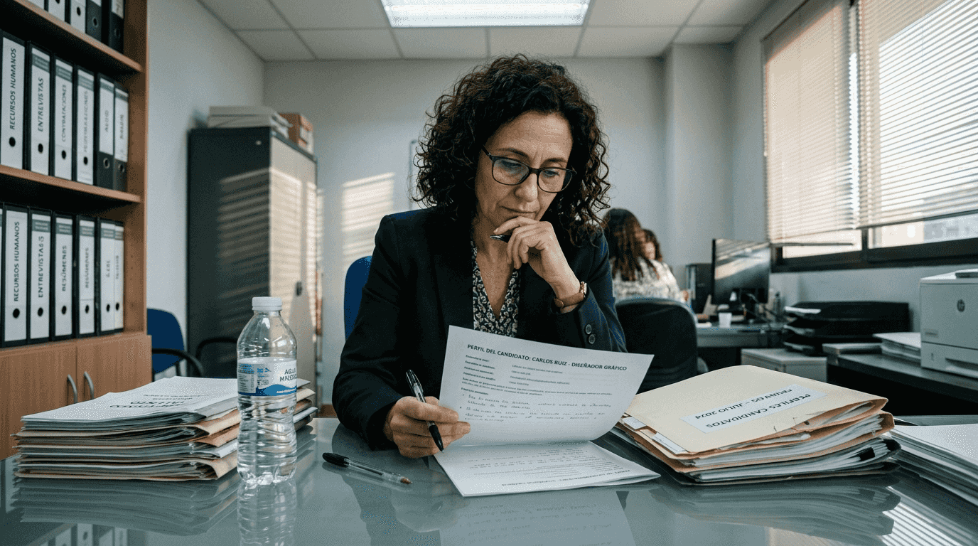 Responsable de selección revisando los perfiles impresos de los candidatos