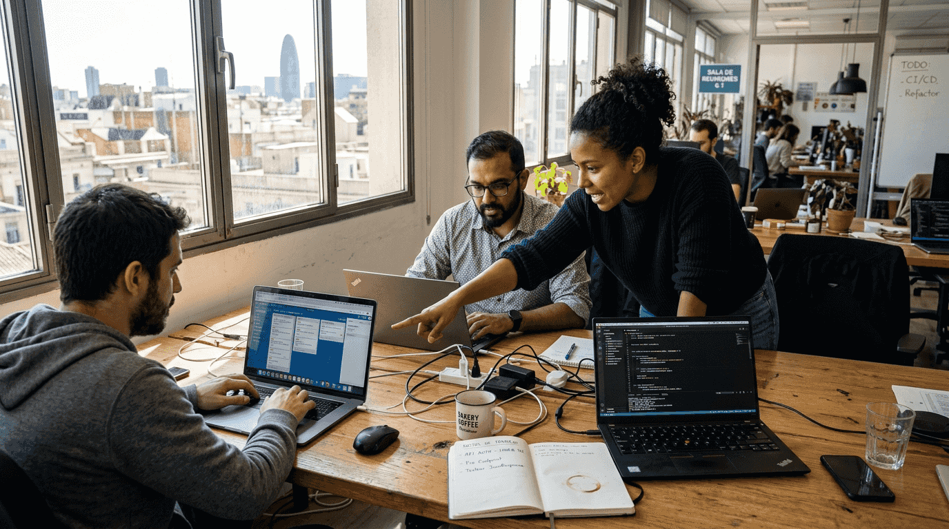 El equipo de tecnología trabajando en conjunto alrededor de una mesa llena de papeles y dispositivos.