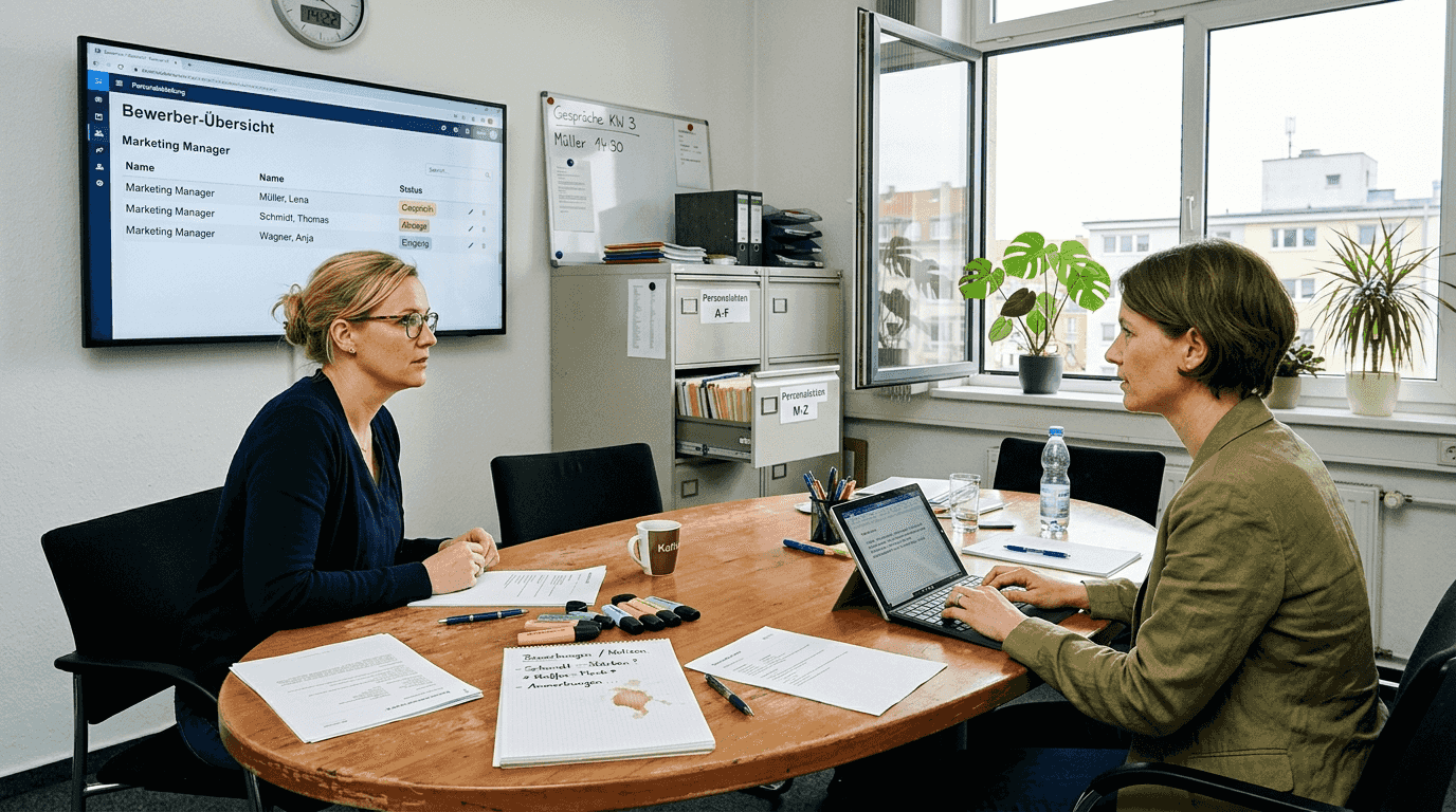 Das HR-Team bespricht gemeinsam am Tisch die eingegangenen Bewerbungen.