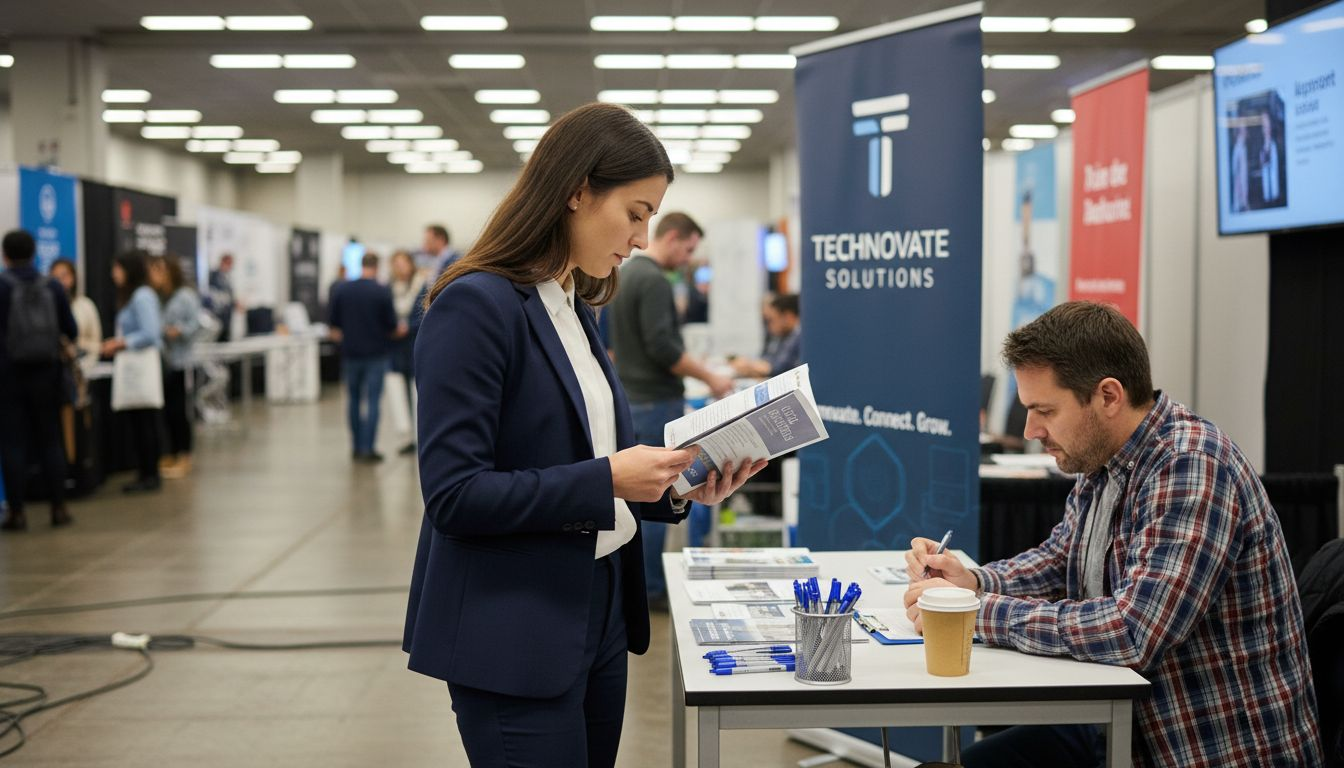 Candidate meeting recruiter at bustling job fair