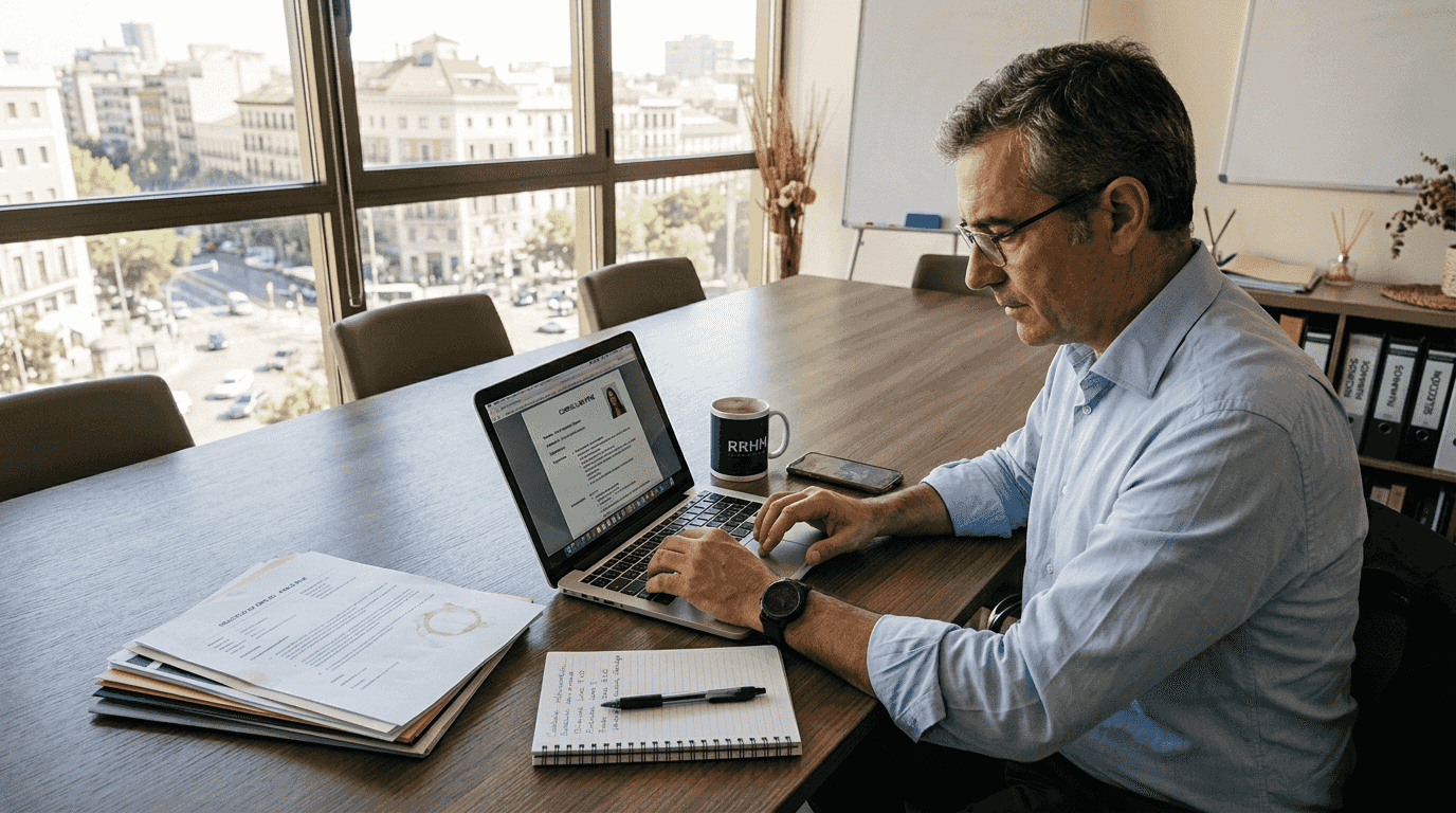 La responsable de Recursos Humanos revisa currículums de perfiles tecnológicos desde su despacho privado.