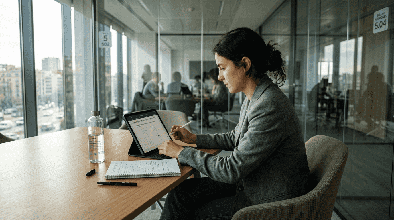 El candidato realiza una prueba psicométrica tecnológica durante la reunión.