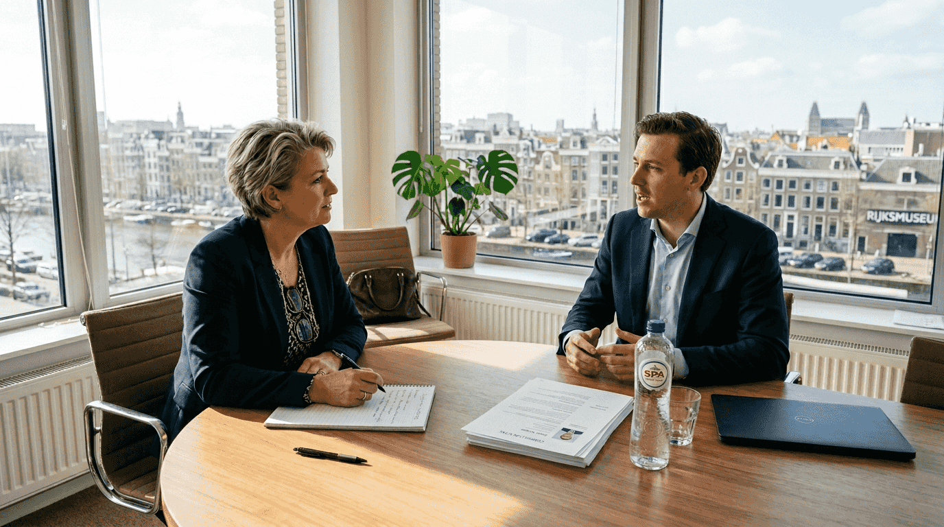 Een HR-manager voert een sollicitatiegesprek en let daarbij vooral op de sociale vaardigheden en het inlevingsvermogen van de kandidaat.