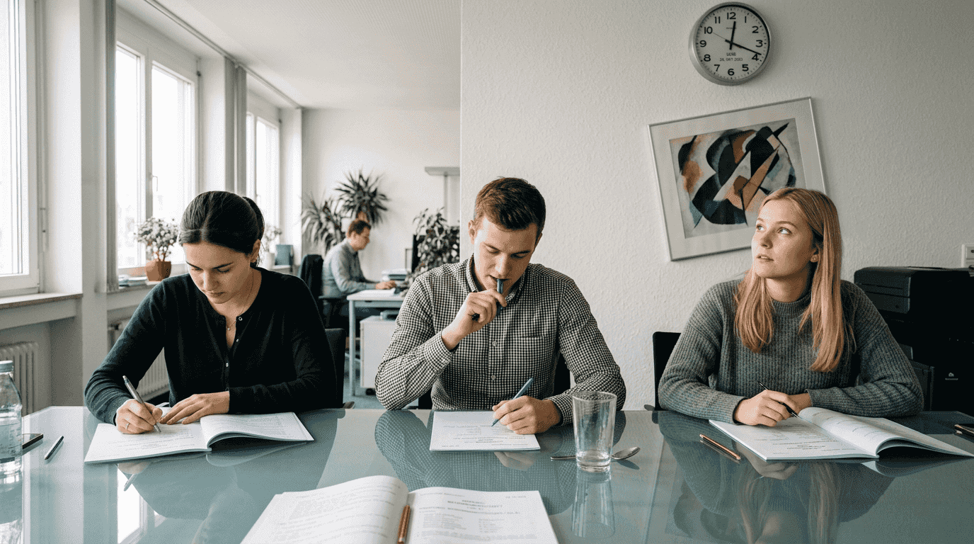 Ein Team, das gemeinsam knifflige Denkaufgaben und Persönlichkeitstests löst.