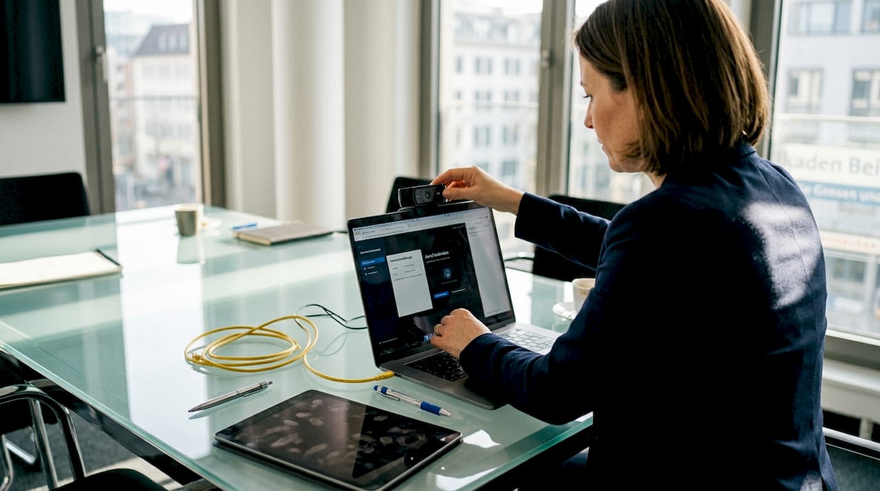Eine Frau bereitet sich auf ein Vorstellungsgespräch per KI-Video vor.