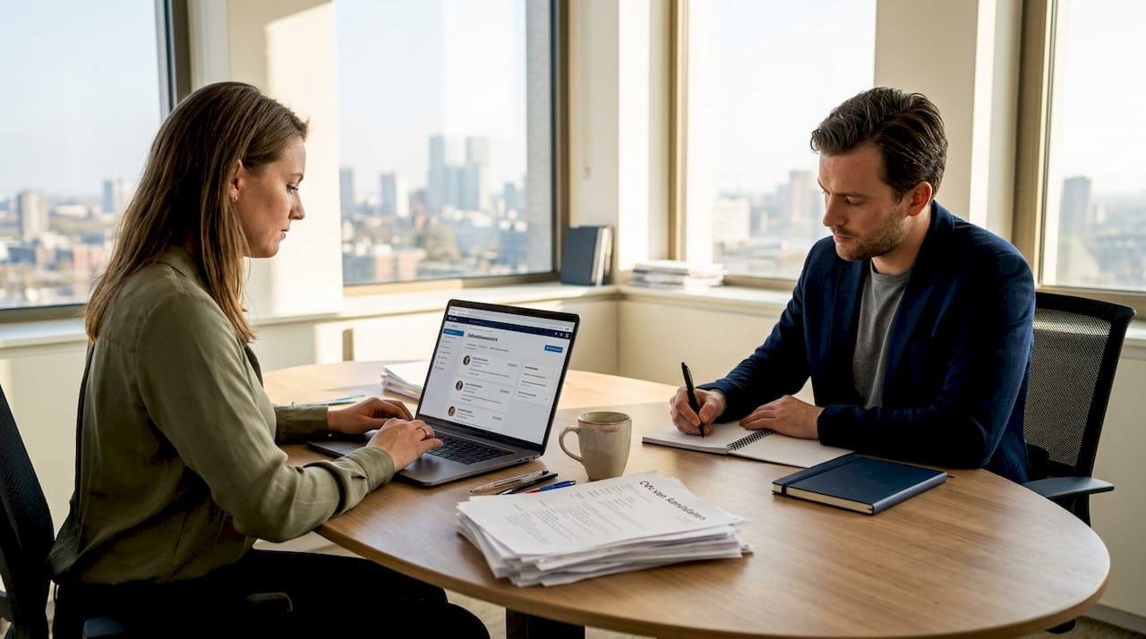 Twee recruiters bespreken samen de kandidaten aan de vergadertafel.