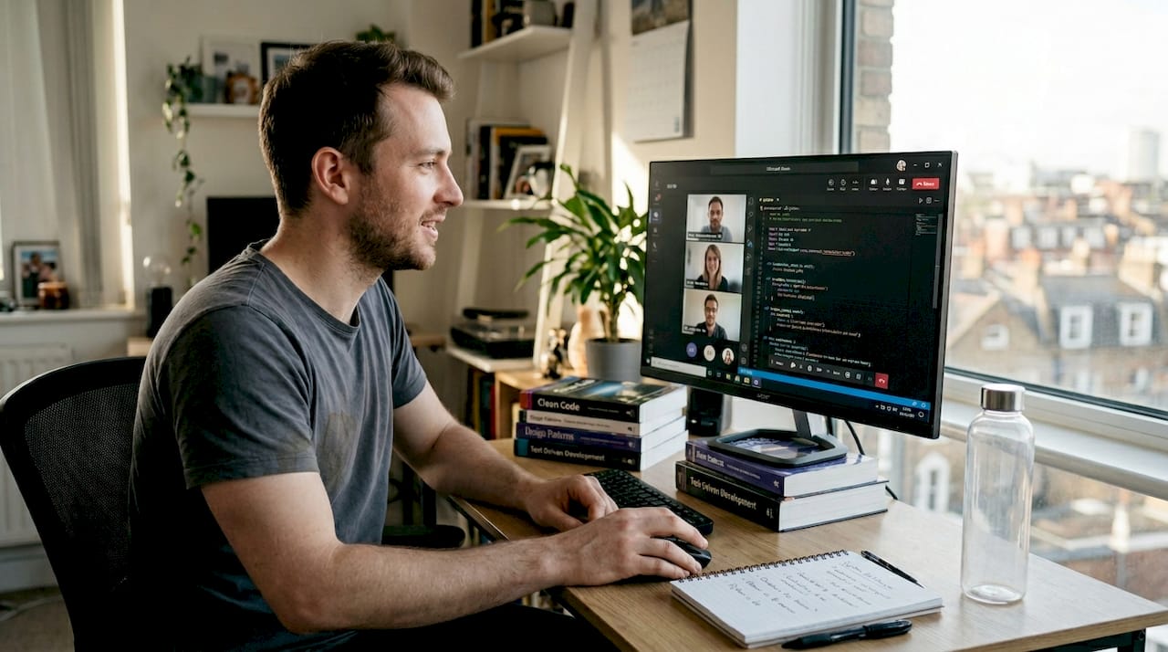 Tech candidate in remote interview workspace