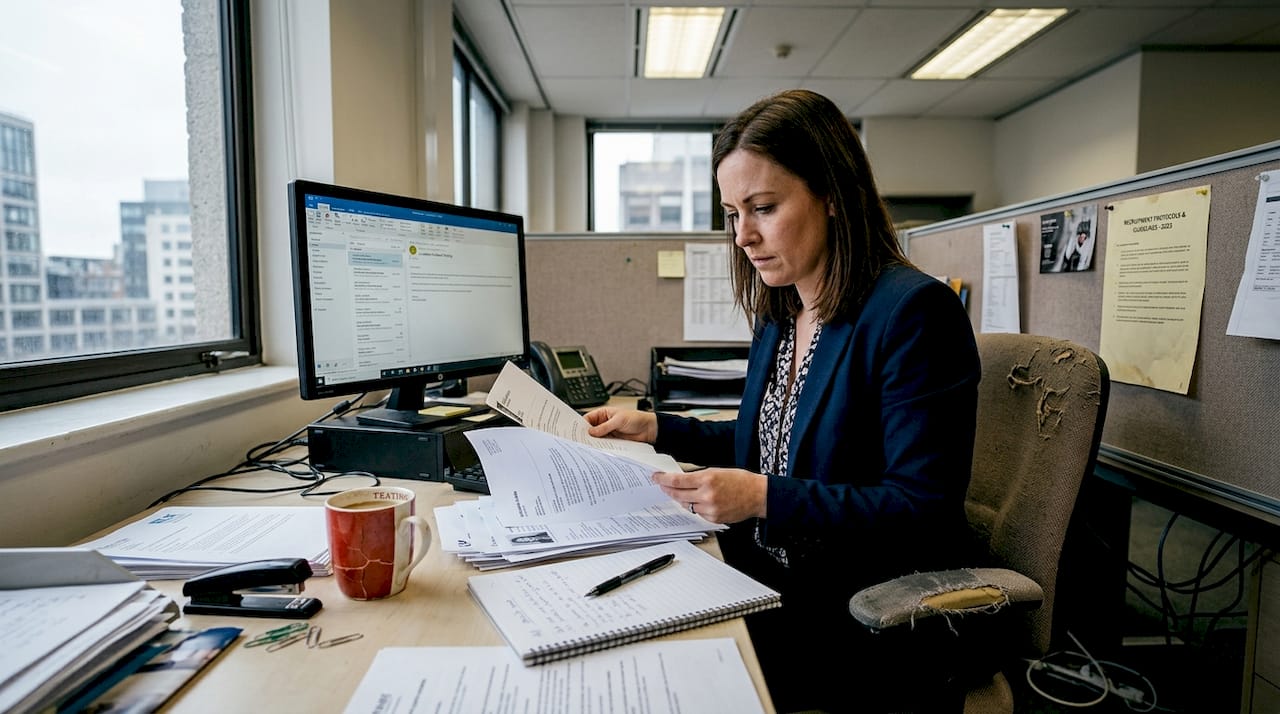 Recruiter reviewing messy pile of resumes