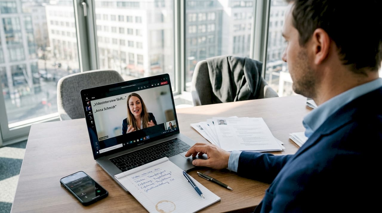Eine Personalleiterin führt in ihrem Büro ein Vorstellungsgespräch, das von einer KI unterstützt wird.