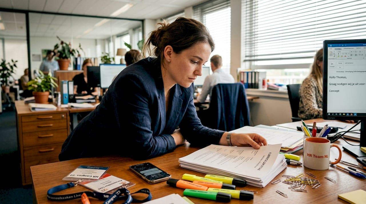Een recruiter zit op kantoor achter zijn bureau en bekijkt zorgvuldig de binnengekomen cv’s.