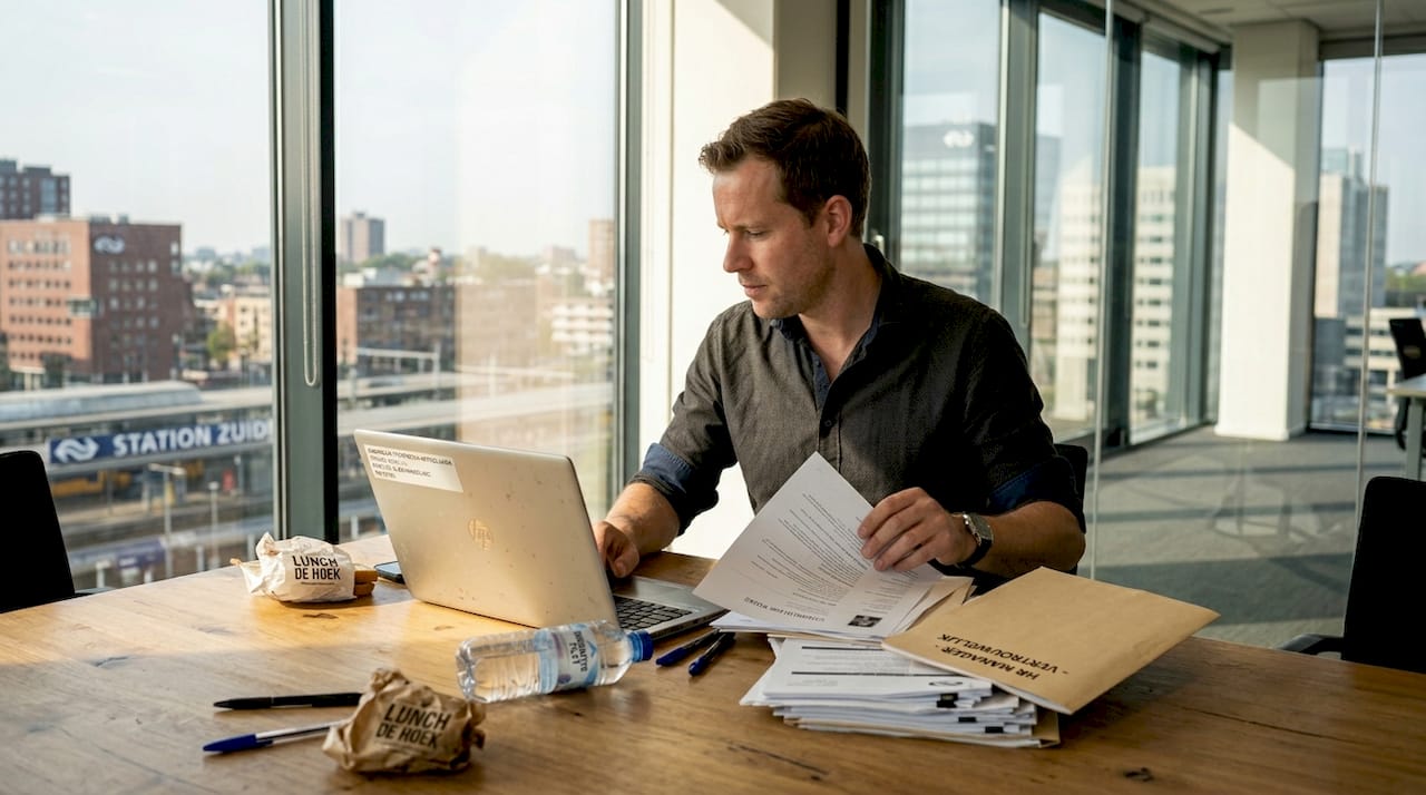 Een HR-manager die op kantoor cv’s en sollicitatiebrieven van potentiële kandidaten doorneemt.