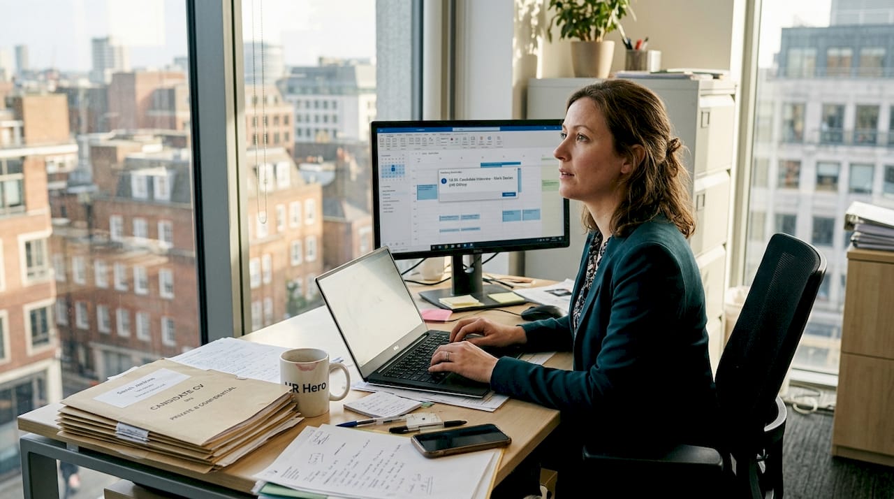 HR manager multitasking at office workstation