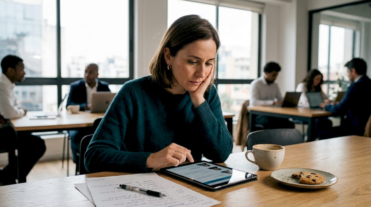 Un profesional analiza perfiles laborales mientras trabaja en un espacio coworking relajado.