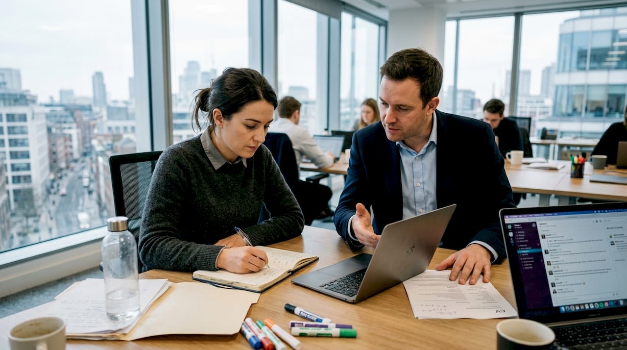 Colleagues collaborate on soft skills assessment