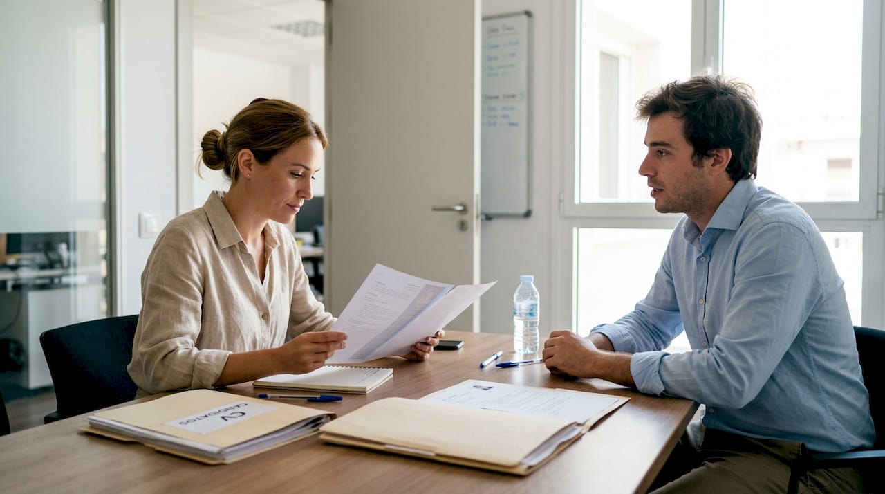 Proceso de entrevistas para selección de personal en una oficina corporativa