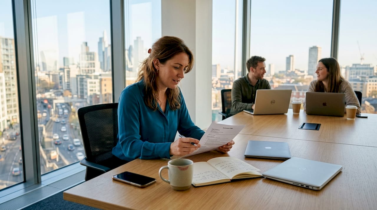 Hiring manager reviews CV, team meeting in city office