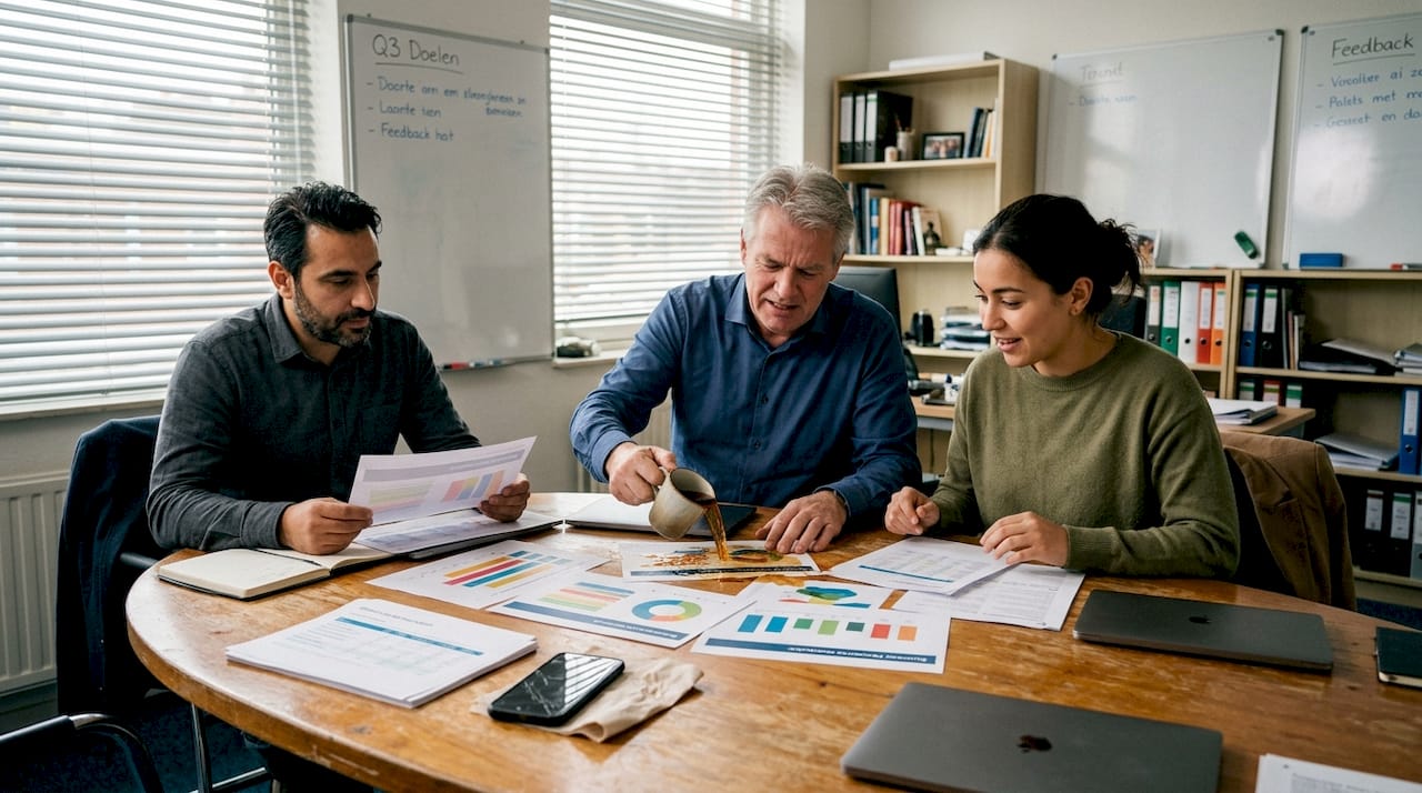 Een divers team zit samen rond de tafel om de uitkomsten van de enquête te bespreken.