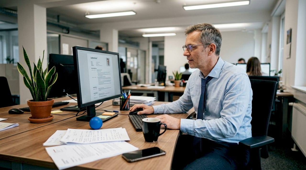 Eine Personalmanagerin sichtet Bewerbungsunterlagen an ihrem Schreibtisch.