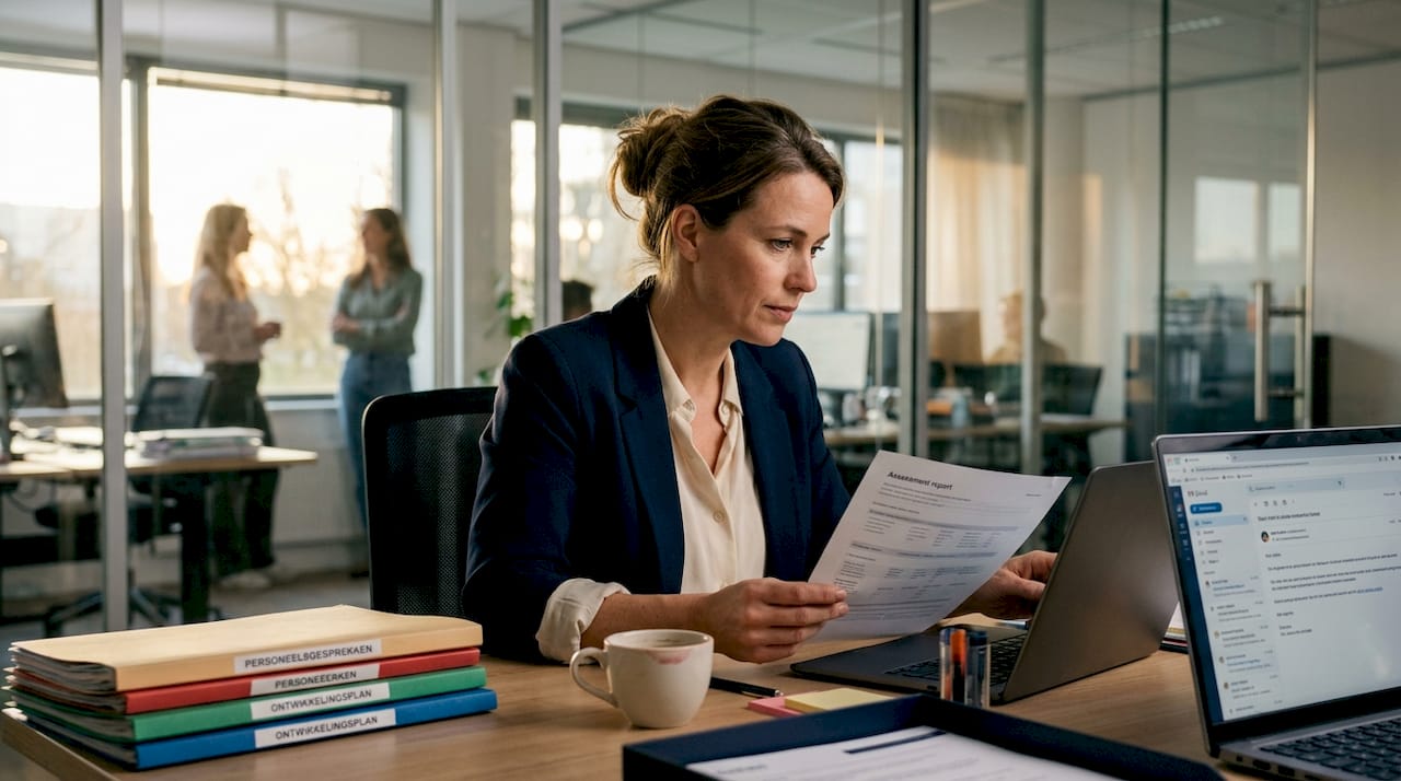 Een HR-manager die de papieren resultaten van een assessment zorgvuldig doorneemt.