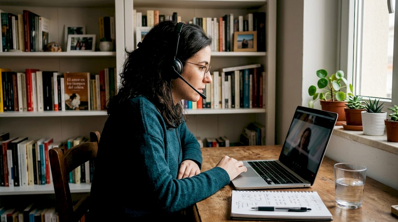Mujer participando en una entrevista virtual desde su oficina en casa