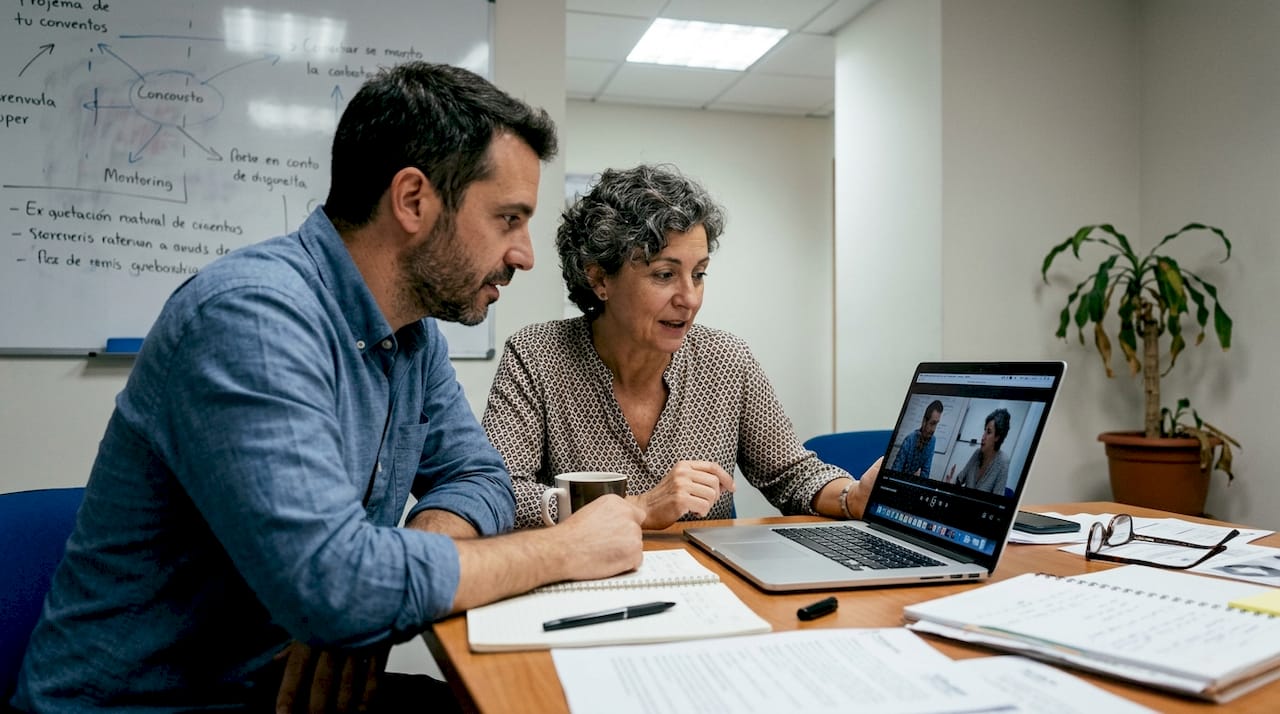 Un grupo de trabajo analiza una entrevista grabada en una sala pequeña.