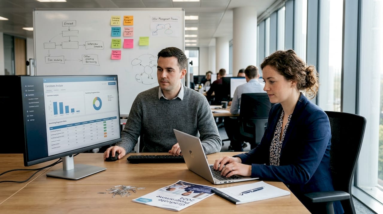 Recruiters collaborating with AI dashboard in workspace