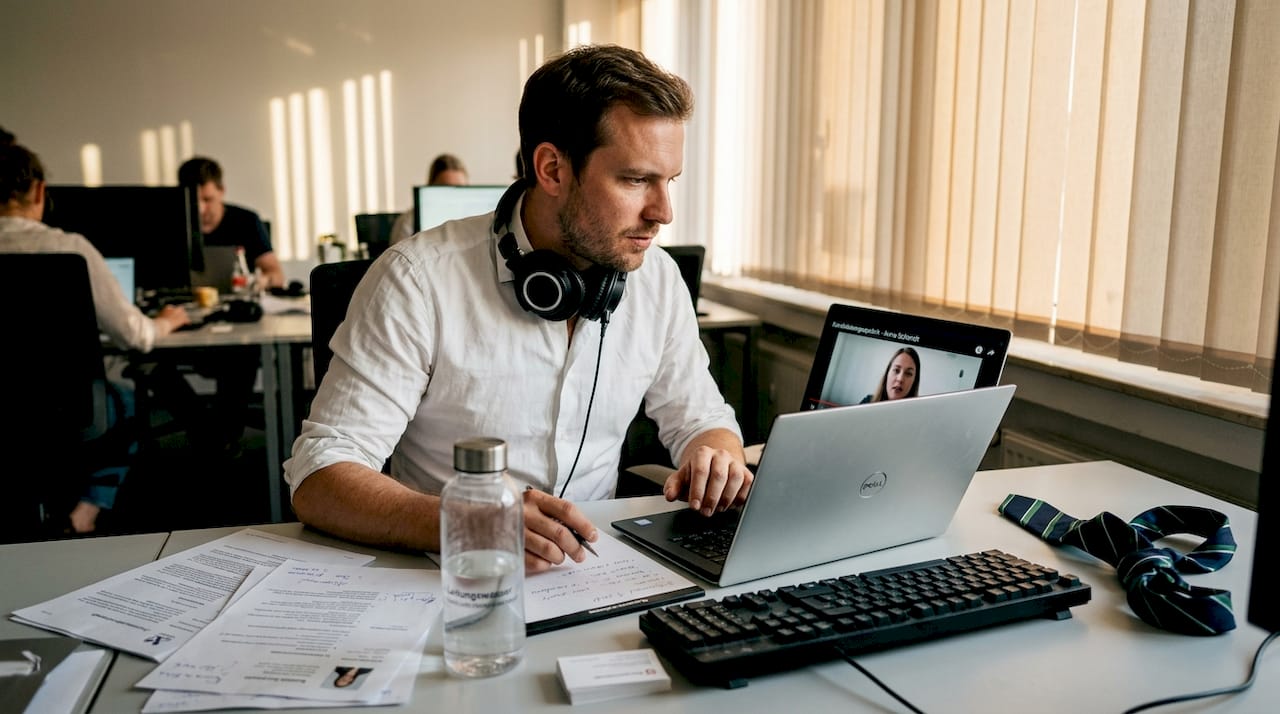 Eine HR-Fachkraft beobachtet ein Bewerbungsgespräch, das von Künstlicher Intelligenz unterstützt wird.