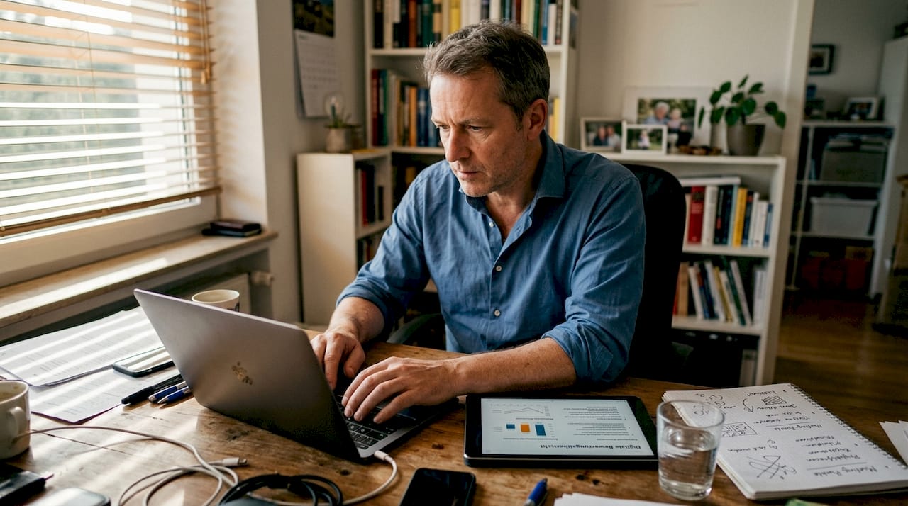 Ein Mann sitzt an seinem Schreibtisch zu Hause und wertet Auswertungsdaten aus.
