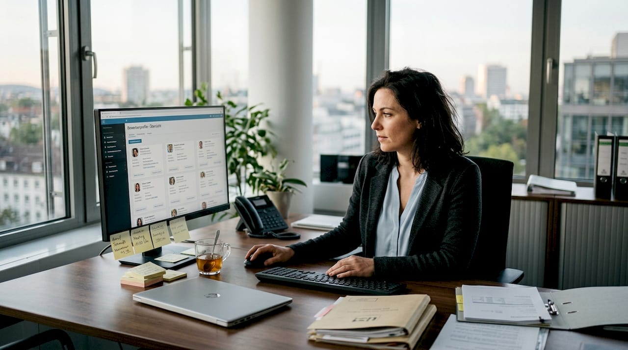 Ein Personalmanager prüft die digitalen Bewerberprofile.