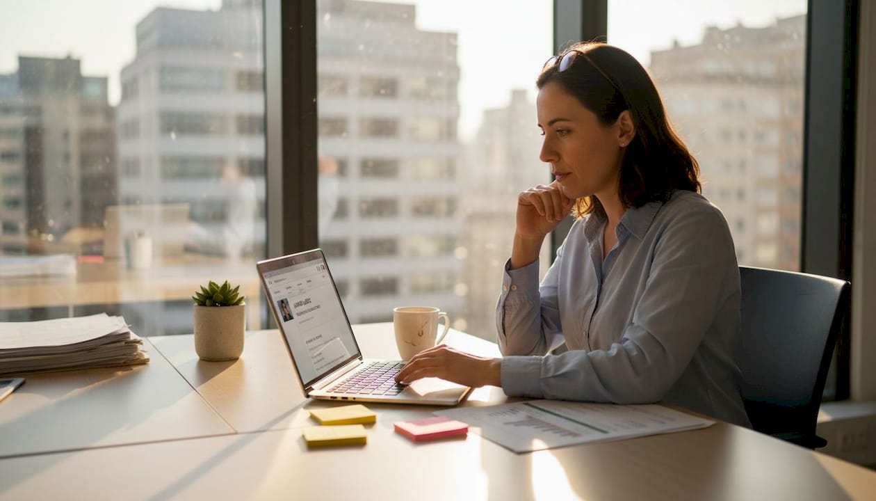 Especialista de selección revisando currículums en una oficina empresarial