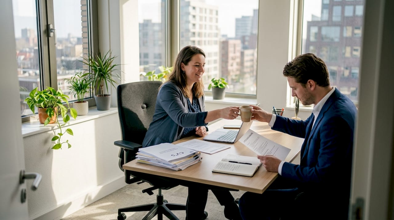 Een recruiter en een kandidaat in een informele kennismaking