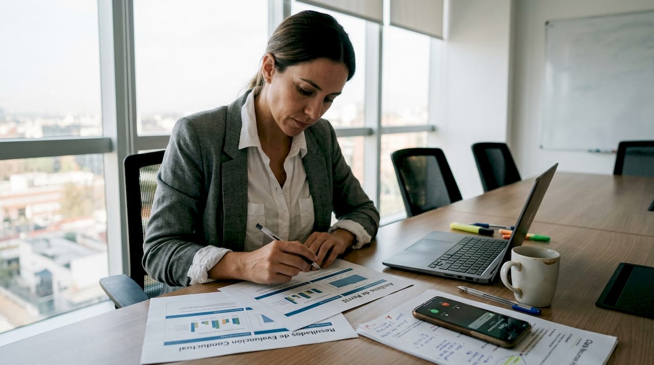 Especialista de selección analizando los resultados de una prueba de comportamiento en su despacho