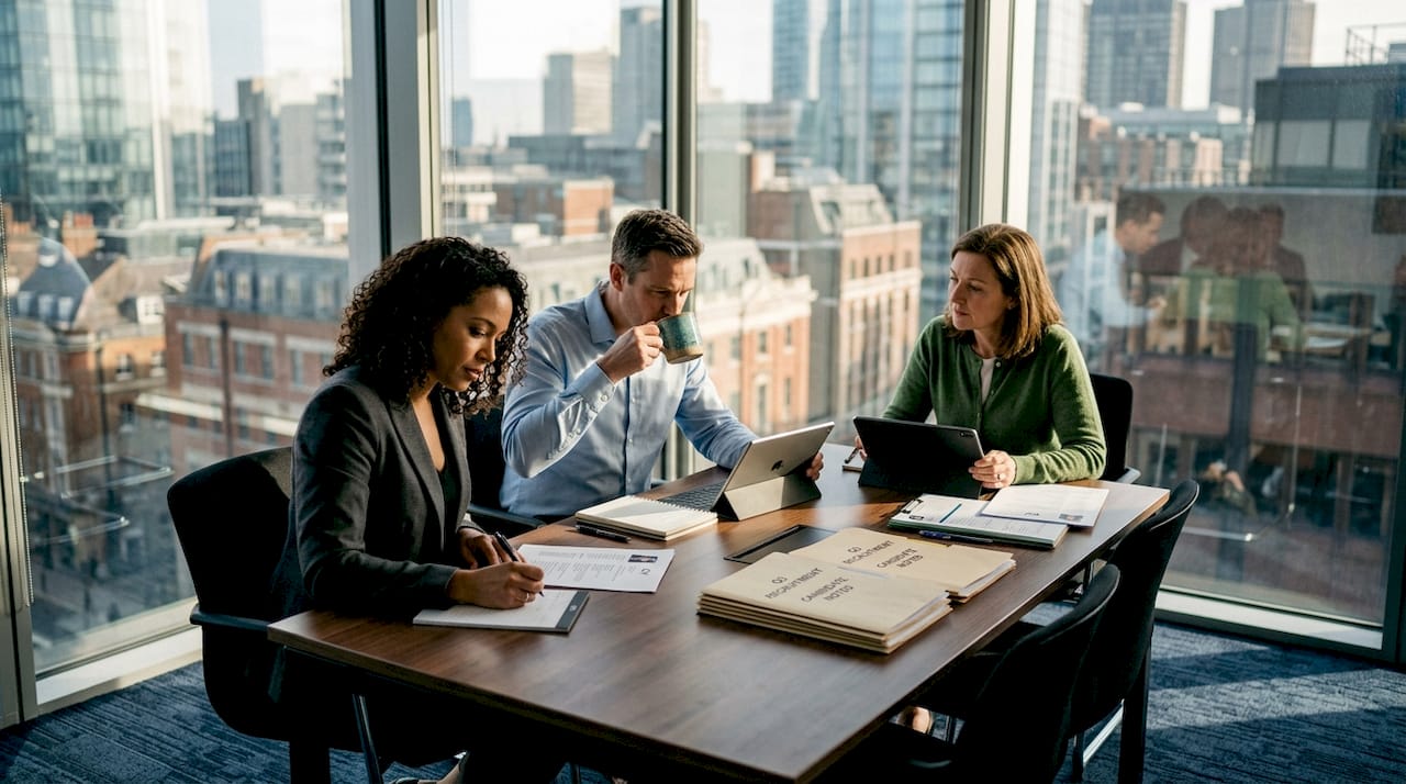 HR team reviewing interview notes in office