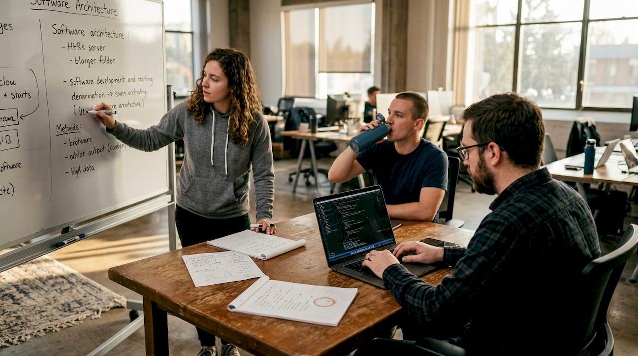 El equipo de tecnología se reúne para intercambiar ideas y desarrollar nuevas propuestas de software en el espacio de trabajo.