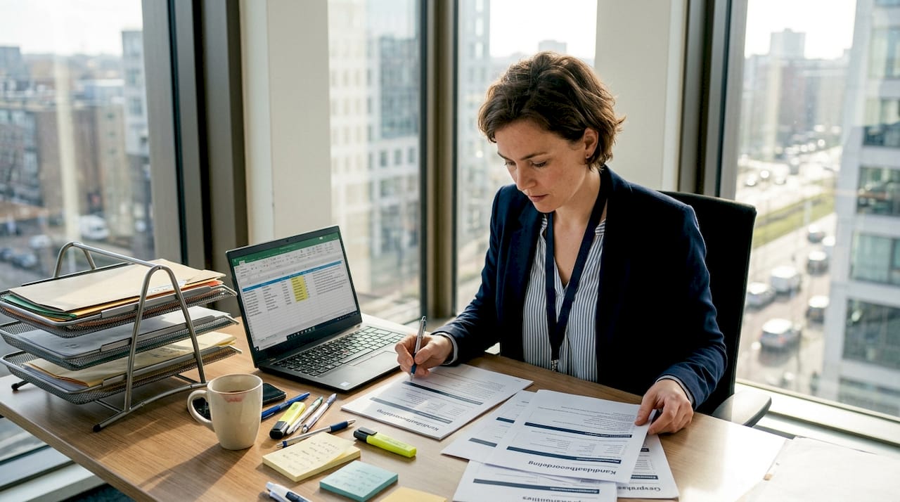 Een recruiter beoordeelt de resultaten van sollicitanten aan zijn bureau op kantoor.