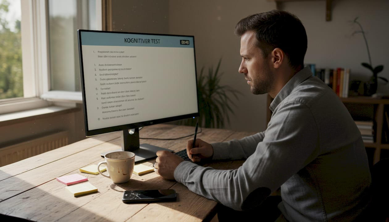 Eine Person sitzt am Schreibtisch und führt einen Konzentrationstest durch.