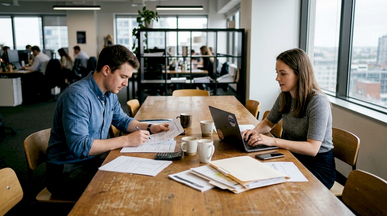 Dos trabajadores analizan un reto empresarial sentados alrededor de una mesa.