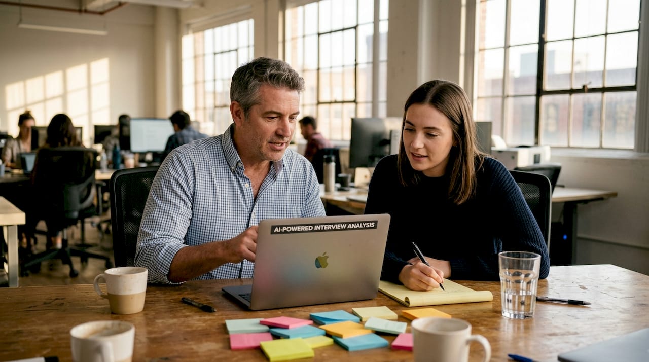 Colleagues discuss AI interview features at table