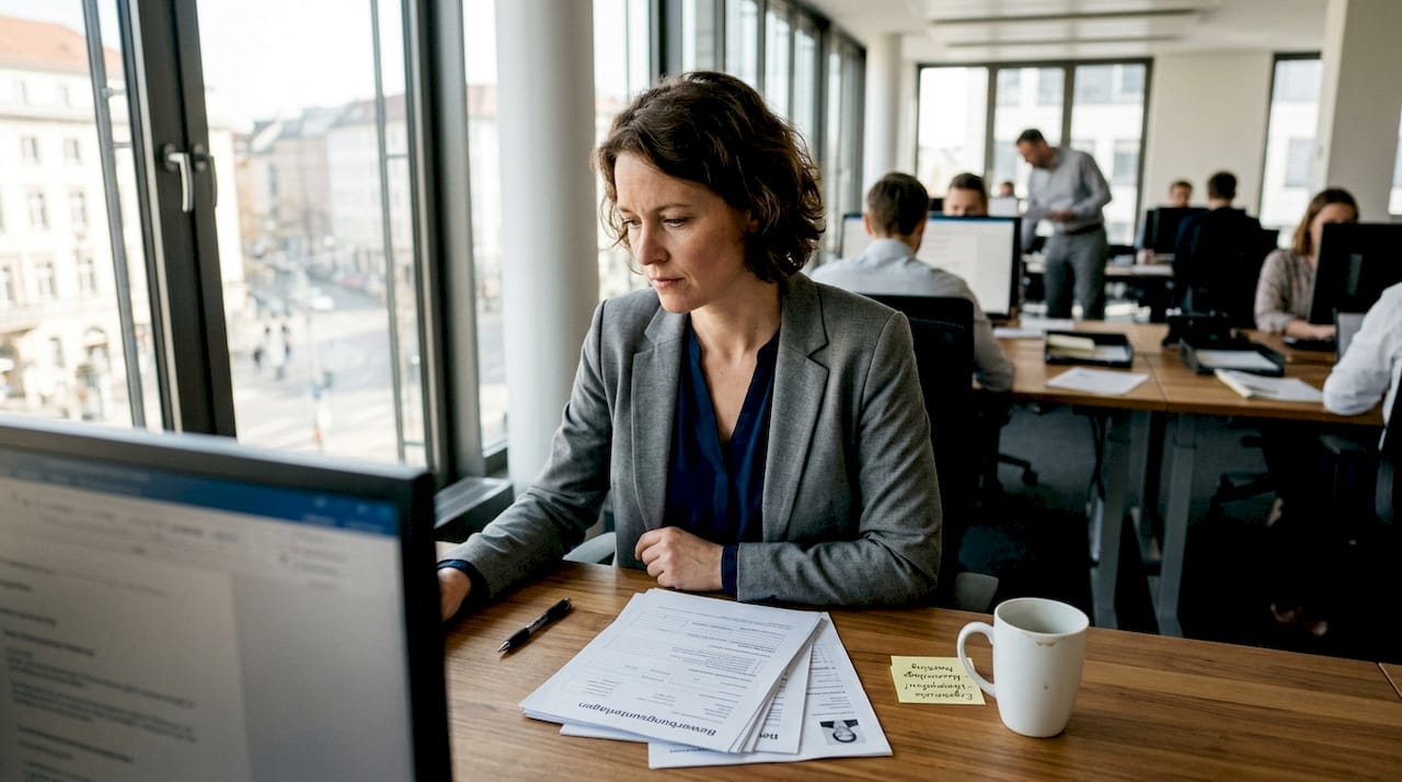 Eine Personalmanagerin sichtet am Arbeitsplatz die eingegangenen Bewerbungsunterlagen.